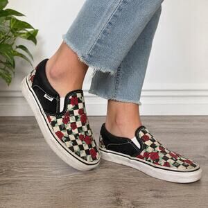 Vans Classic Slip-On Rose Checkerboard Canvas Sneakers Women 6.5 Floral